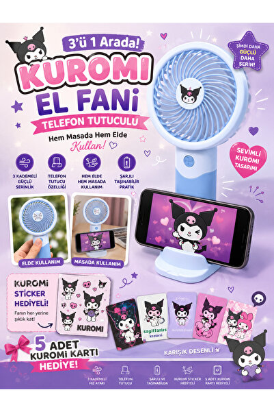 kruxon Telefon Tutuculu Şarjlı Kuromi Mini El Fanı | 3 Kademeli | Type-C Şarj...