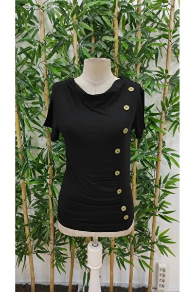 JANES Women's Short Sleeve Round Neck Side Button Viscose Blouse