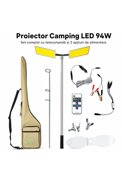 iTin Proiector camping LED 94W, 9116 lm, cablu telescopic de 5 m, impermeabil...