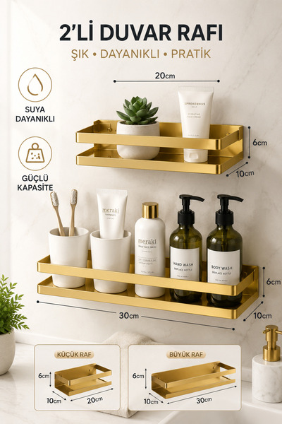 KARMA KONSEPT Banyo Rafı 2'li Set Duvara Monte Şampuan Rafı Kozmetik Düzenley...