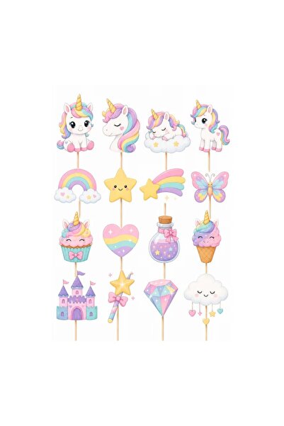 DecoParty Set de decor pentru tort – Tematică Unicorn Pastel, 16 piese, Carto...