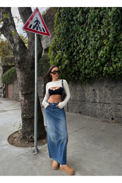 harmony factory High Waist Slit Maxi Denim Skirt Blue