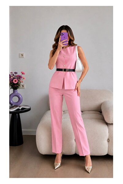 Ekim Store Set vestă, pantaloni și blazer roz, cu centură și accesorii metalice