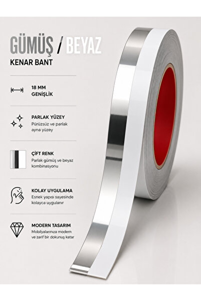dekorfuga 18 MM (5 MT) Gümüş/Beyaz Kendinden Yapışkanlı Mobilya Kenar Şerit