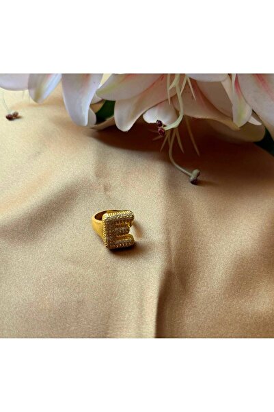 MonCheriAccessoire 14K Altın Kaplama Zirkon Taşlı Harfli Ayarlanabilir Yüzük