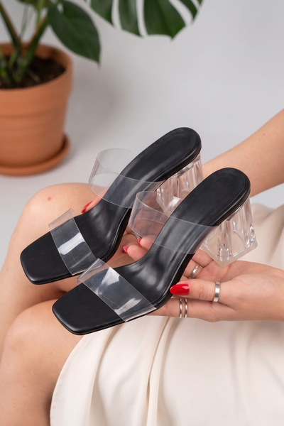 Lizzu Women's Two-Strap Transparent Heeled Slippers Sandals Brovin