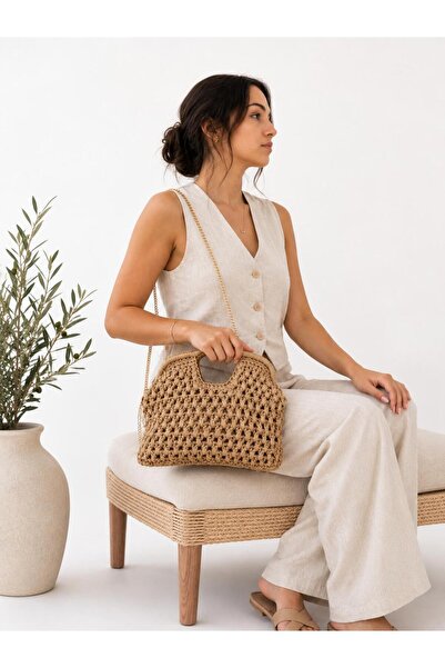 Timeless Milano Hasır El Örgüsü Kadın Omuz Çantası Clutch Zincirli