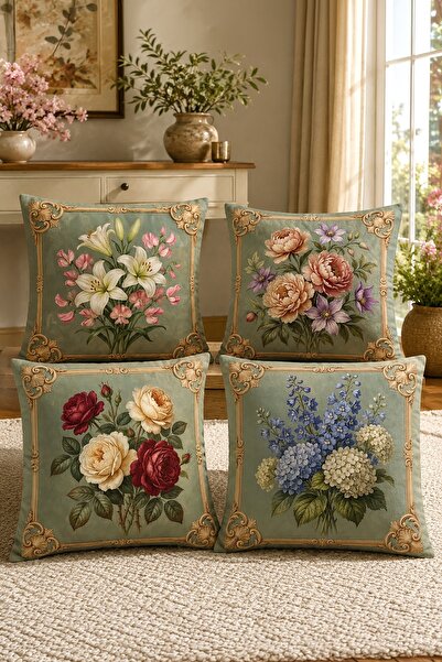 EVPANYA Estetik Çiçek Buketi Desenli 4'Lü Kırlent Kılıfı Seti