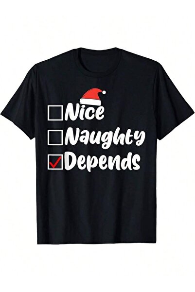 9TAY تي شيرت عيد الميلاد المرح مع قائمة "Nice Naughty Depends" - خفيف الوزن، ...