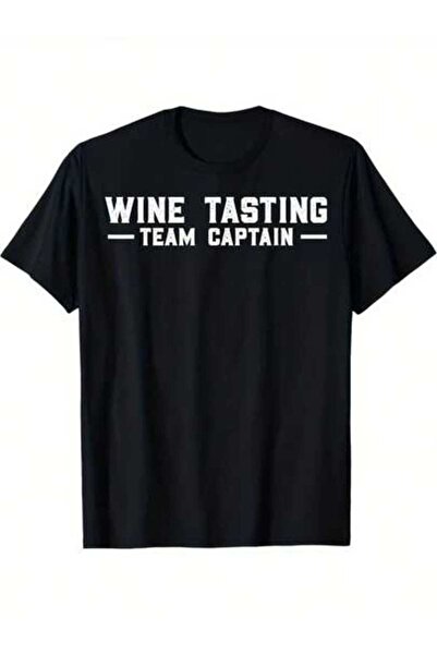Astogria13 تي شيرت أسود بطباعة "Wine Team Captain" بخط جريء وياقة دائرية - قم...