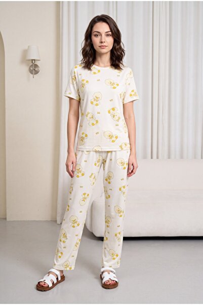 Modamorfo Duck Patterned Crew Neck Short Sleeve Combed Cotton Pajama Set -Ecru