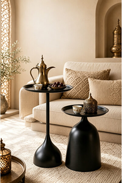 DONGXING 2-Piece Black Metal Side Table Set – Round design, 40cm diameter tab...