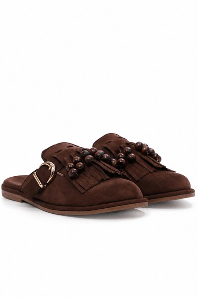 İX Sume Women's Brown Suede Slippers with Bead and Tassel Detail