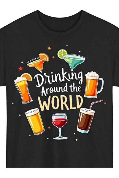 KYMC07 تي شيرت رجالي بطبعة "Drinking Around The World" - أسود، بطبعة عالمية ل...