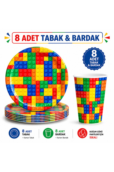 Behind party store Renkli Blok Temalı Doğum Günü Karton Tabak Bardak Seti 16 ...