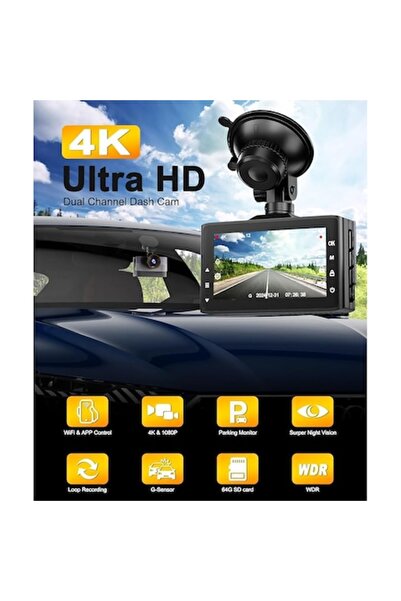 ZHIROAD Cameră auto Q26 4K+1080P, WiFi, card de 64GB, față+spate cu mod de pa...