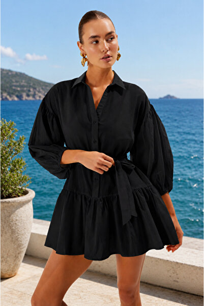Rora Black Woven Belted 100% Cotton Beach Mini Dress
