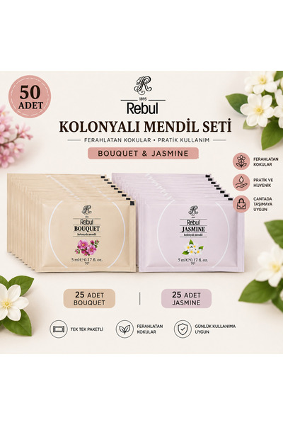 Rebul 50 Adet Kolonyalı Mendil Seti 25 Bouquet 25 Jasmine Tek Tek Paketli 5 ml