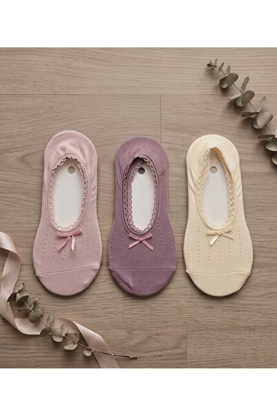 LE VISSION TEKSTİL Women's Flat Socks with Lace Bow Detail, 3 Pairs