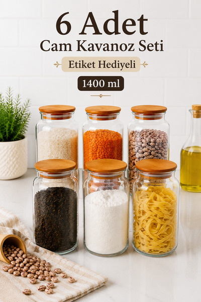 Zivora Home 6'lı Büyük Boy 1400 ml Ahşap Kapaklı Cam Erzak Kavanozu – Çay Şek...