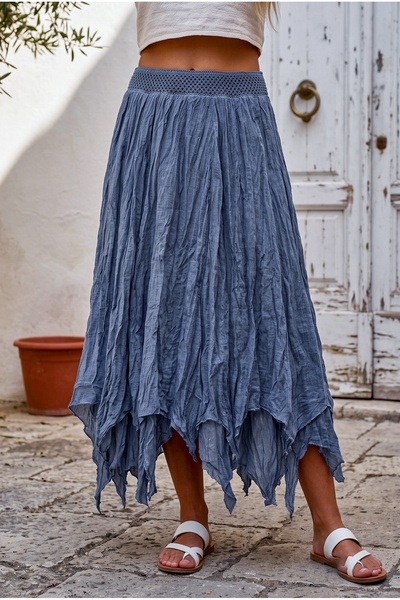 Chiccy Indigo Lined Fringed Cut Elastic Waist Casual Wrinkled Long Woven Skir...