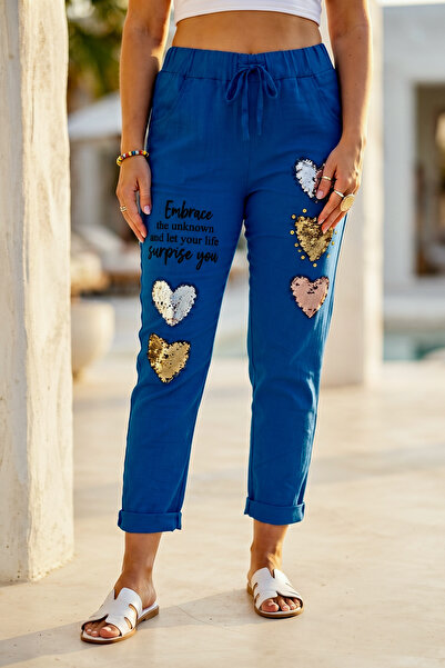 Chiccy Italian Blue Pocketed Heart Appliqué Elastic and Tie-Waist Casual Wove...