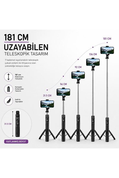 Miyole Bluetooth Selfie Stick Tripod 181 cm Extendable Phone Tripod with Remote Control 360 °   Rotating Head Compatible with Ios & Android