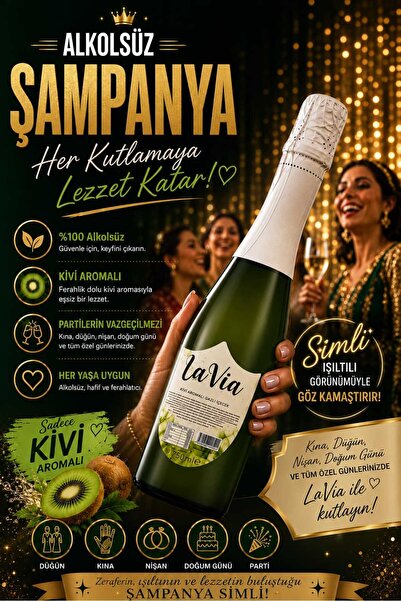 Lavıa Alkolsüz Şampanya Kivi Aromalı Simli İçecek Alkolsüz Salla Patlat Şampanya