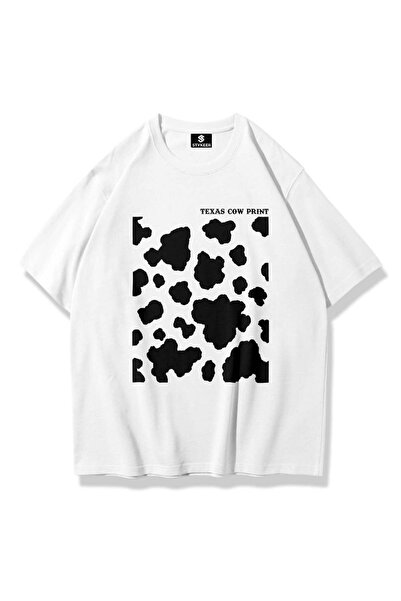 STYKEER Unisex Oversized T-Shirt "Cow Print" Printed Loose Fit White T-Shirt