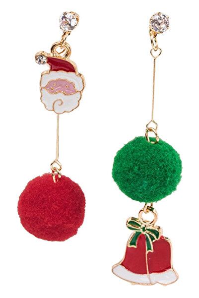 VeeShop Cercei de Craciun asimetrici, clopotei, Mos Craciun, pompom si cristale