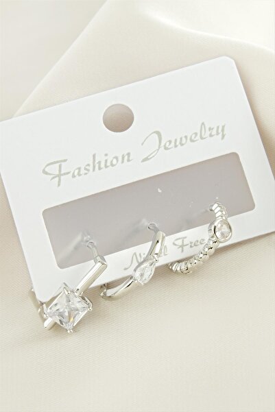 ZERO LAND Ilkestor 3 Pieces Square Zircon Stone (15719) Earrings-Silver Color