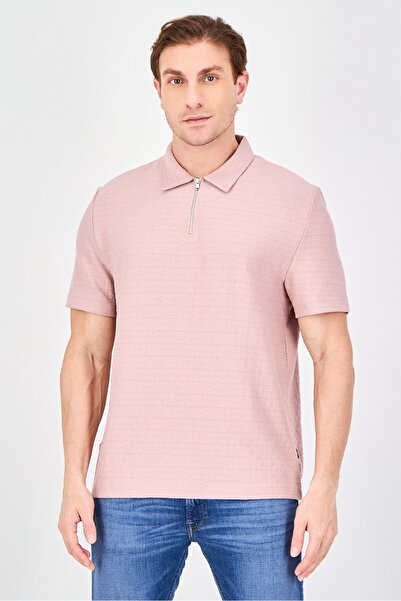 STEEL & JELLY Men Regular Fit Textured Short Sleeve Polo Shirt, Light Pink