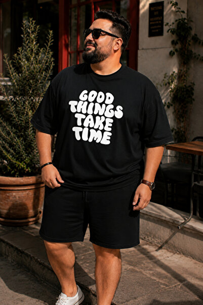 Rubonia طقم شورت كبير الحجم للنساء والرجال من Good Things Take Time مطبوع علي...
