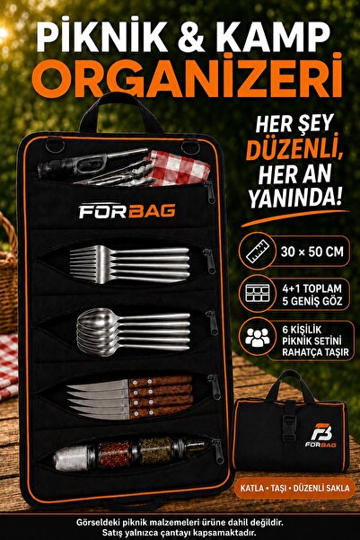 Forbag Piknik Kamp Organizer Çantası 30x50 cm Katlanabilir 5 Gözlü Çatal Kaşı...