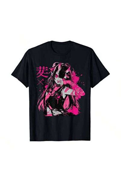 NOURAM تي شيرت مطبوع عليه Goth Grunge Demon Anime Girl Waifu Horror Alt Aesth...