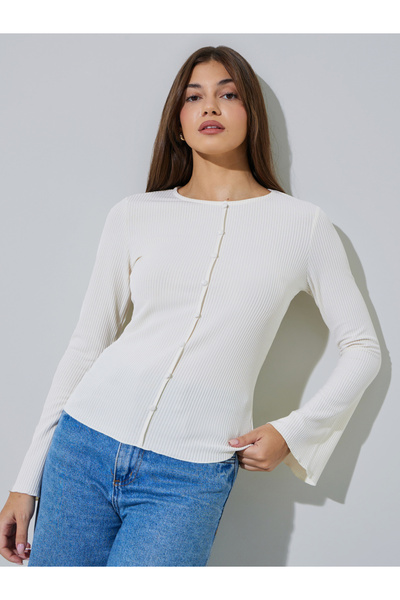 Styli Cream Fitted Knit Top With Flared Sleeves