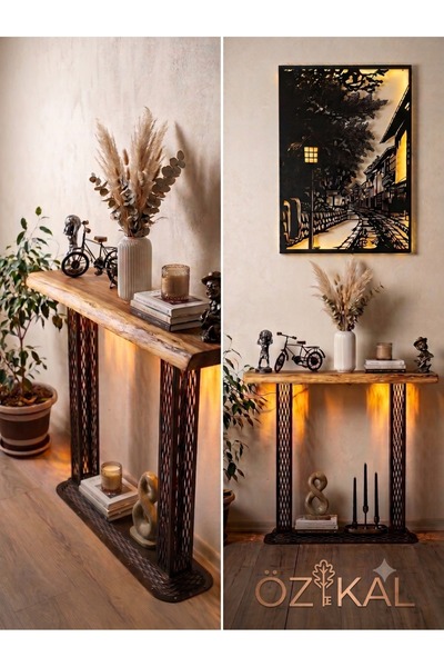 Genel Markalar Ahşap Meşe Üst Tablalı Amber Led Işıklı Metal Dresuar