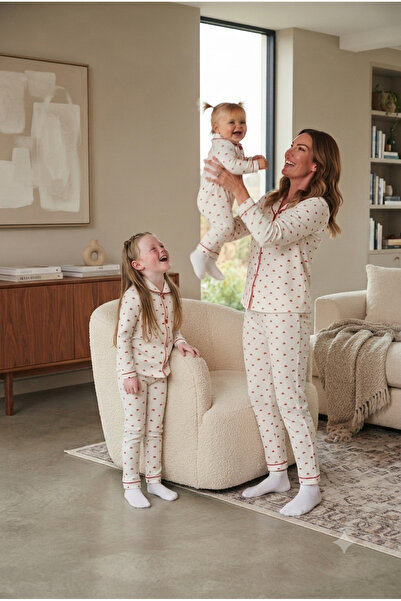 modaminikler Mother-Daughter Heart Patterned Red Piping Buttoned 100% Cotton Family Pajama Set (Mother and Child Sold Separately - Price Is for One Item)