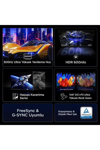 TCL 25G64 Gaming Monitörü 25" 1ms 300Hz Fhd Qd-Mini LED Fps Oyuncu Monitörü (Freesync Premium) (TCL Türkiye Garantili)