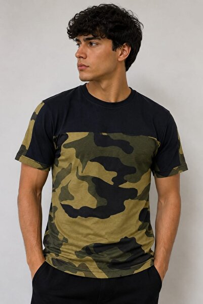 moda poni Men's Khaki Camouflage Patterned Crew Neck Short Sleeve T-Shirt
