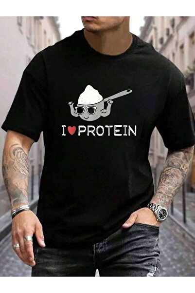 799 تي شيرت رجالي أسود 100% قطن بطباعة 'I Love Protein' للتمارين الرياضية وال...