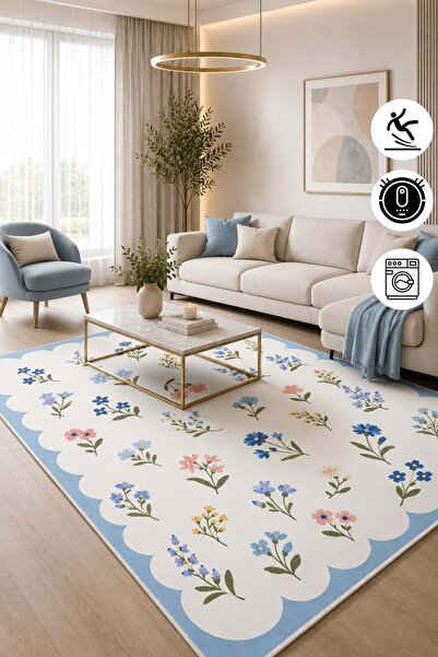 Pelura Halı Renkli Floral Desen Mavi Çerçeveli Baskılı Kaymaz Yıkanabilir Sal...