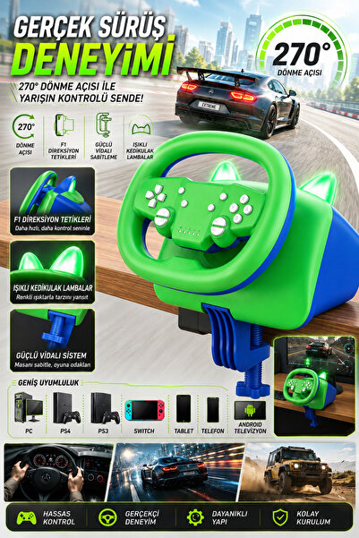 JOYCOR Kablosuz & Kablolu Oyuncu Direksiyonu 270° Dönüş Açılı PC PS4 PS3 Swit...