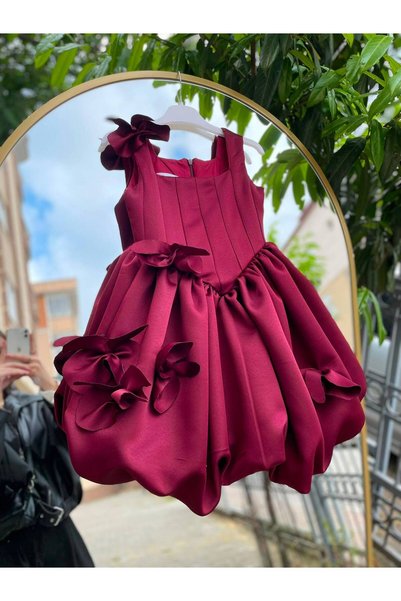 sarena Girl's Burgundy Balloon Model Flower Detailed Birthday Evening Dress
