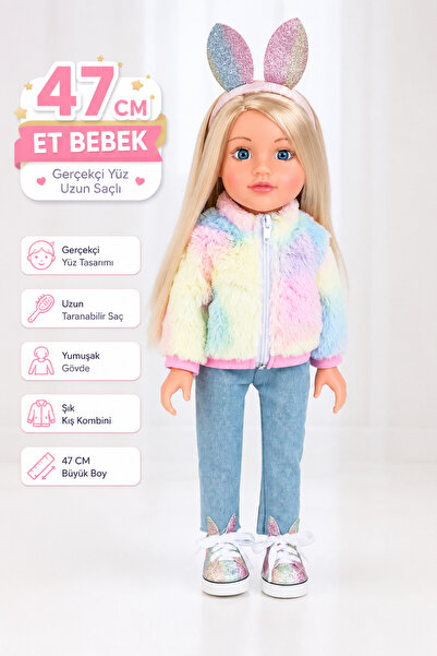 YILDIRIM OYUNCAK Kıyafetli Aksesuarlı Büyük Boy Et Bebek 47cm – Uzun Taranabi...