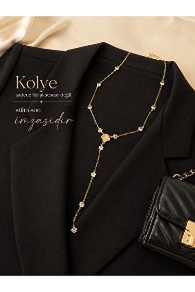 JEWELERY Aurora Taşlı yonca Figürlü Y Model Gold Renk Zarif Kadın Kolye