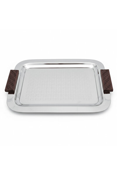AKDC Luhpar Rectangle Stainless Steel Serving Tray with Wooden Handles - 43×3...