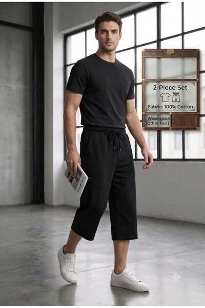 BEYAZTOPTAN Men's Black 2-Piece Combination Cotton T-Shirt and Capri Set