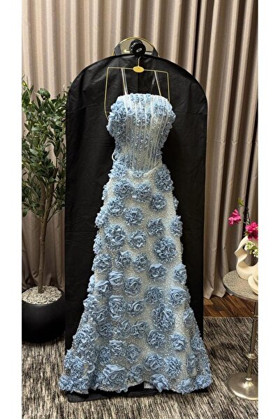 FASHION فستان أزرق سماوي كورسيه، مطرز بالكامل بأزهار ثلاثية الأبعاد وحبات الل...