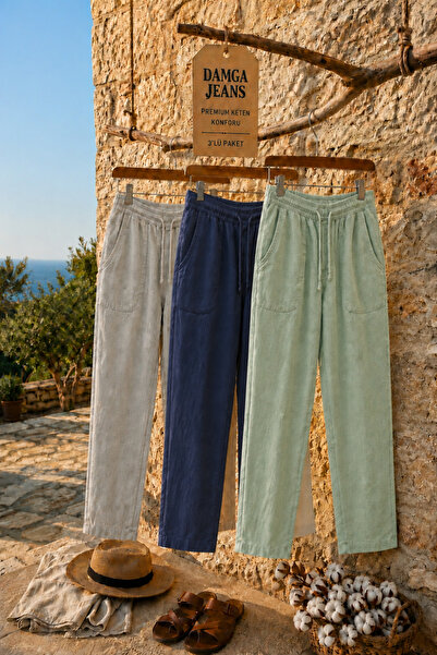 DAMGA JEANS 3 قطع من سراويل الجوجر الكتانية الصيفية المريحة للرجال